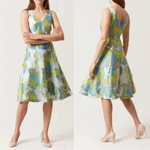 Hobbs London Taryn Blue Yellow Applique Floral A-line Dress Size 10